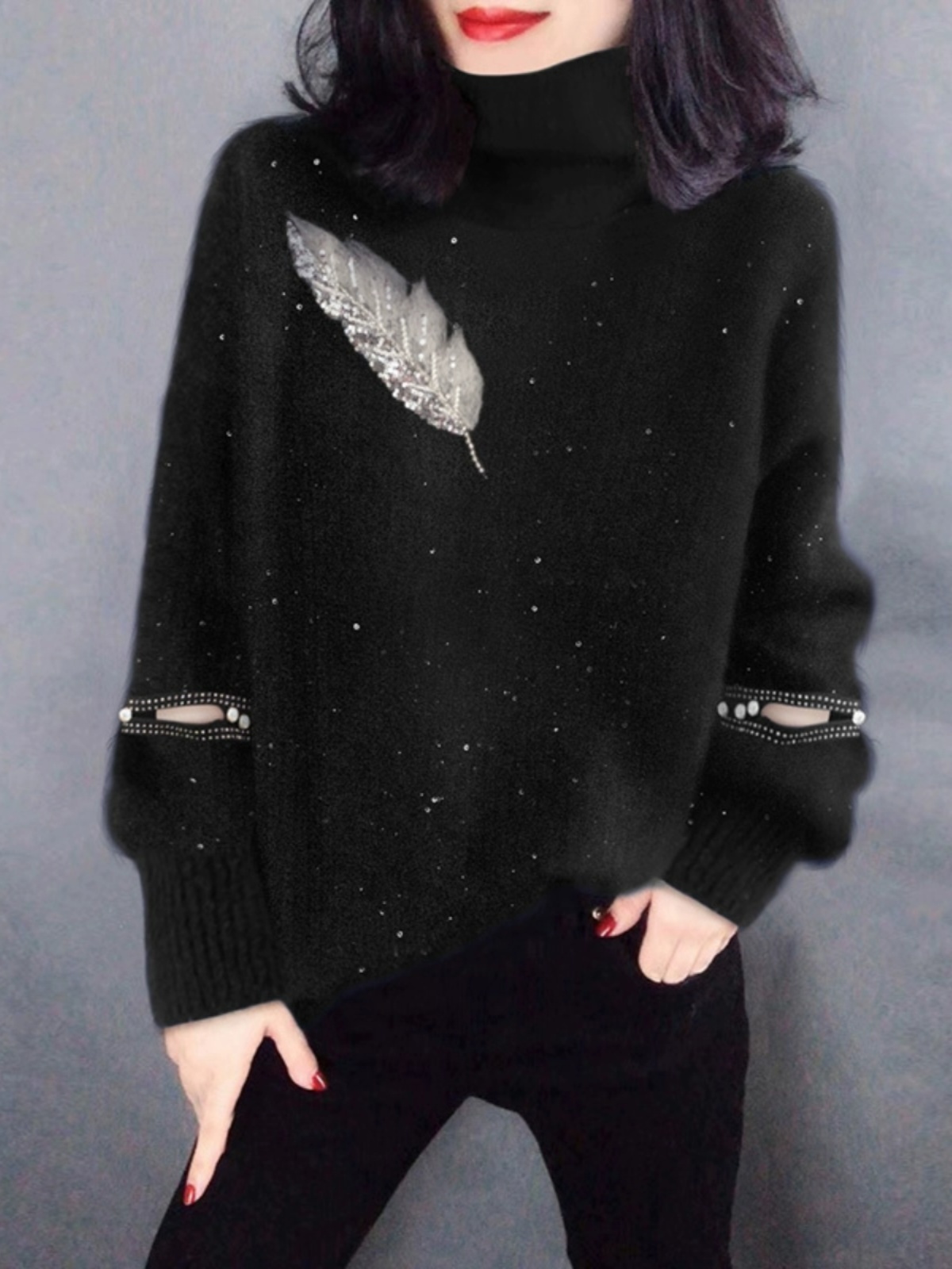 Street Fashion Outlet - Black High Collar Knitted Sweater Women's