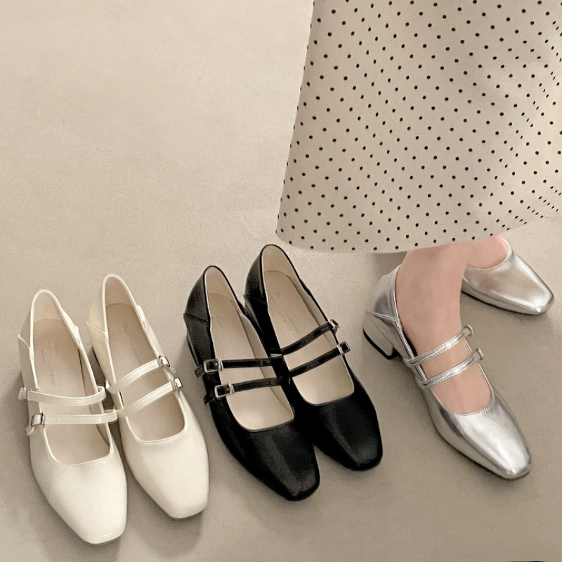 Street Fashion Styles - Square Toe Low Heel Women Silvery