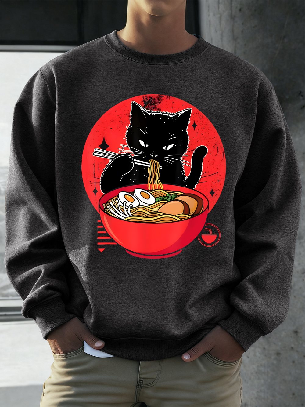 Cat Enjoy Lamian Noodles Print - Oversized Crewneck Fleece のレビューと価格