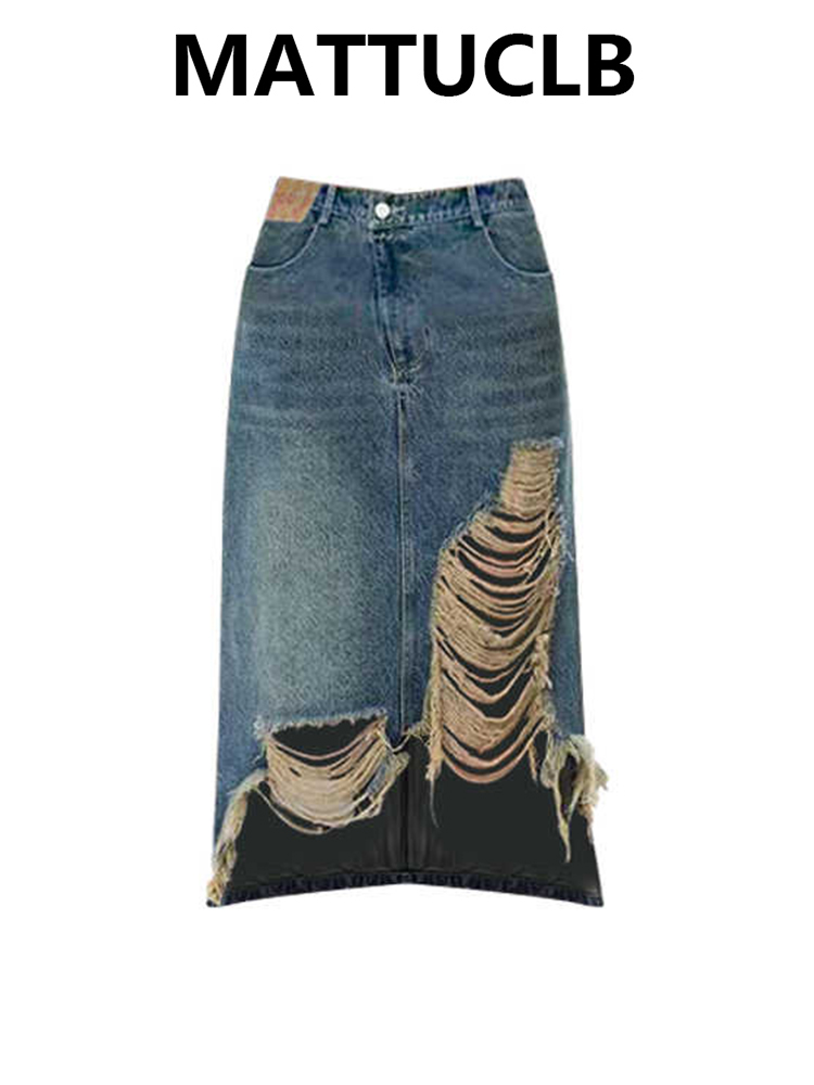 Women 2000s Midi Skirt Ripped  - Street Fashion Korean のレビューと価格