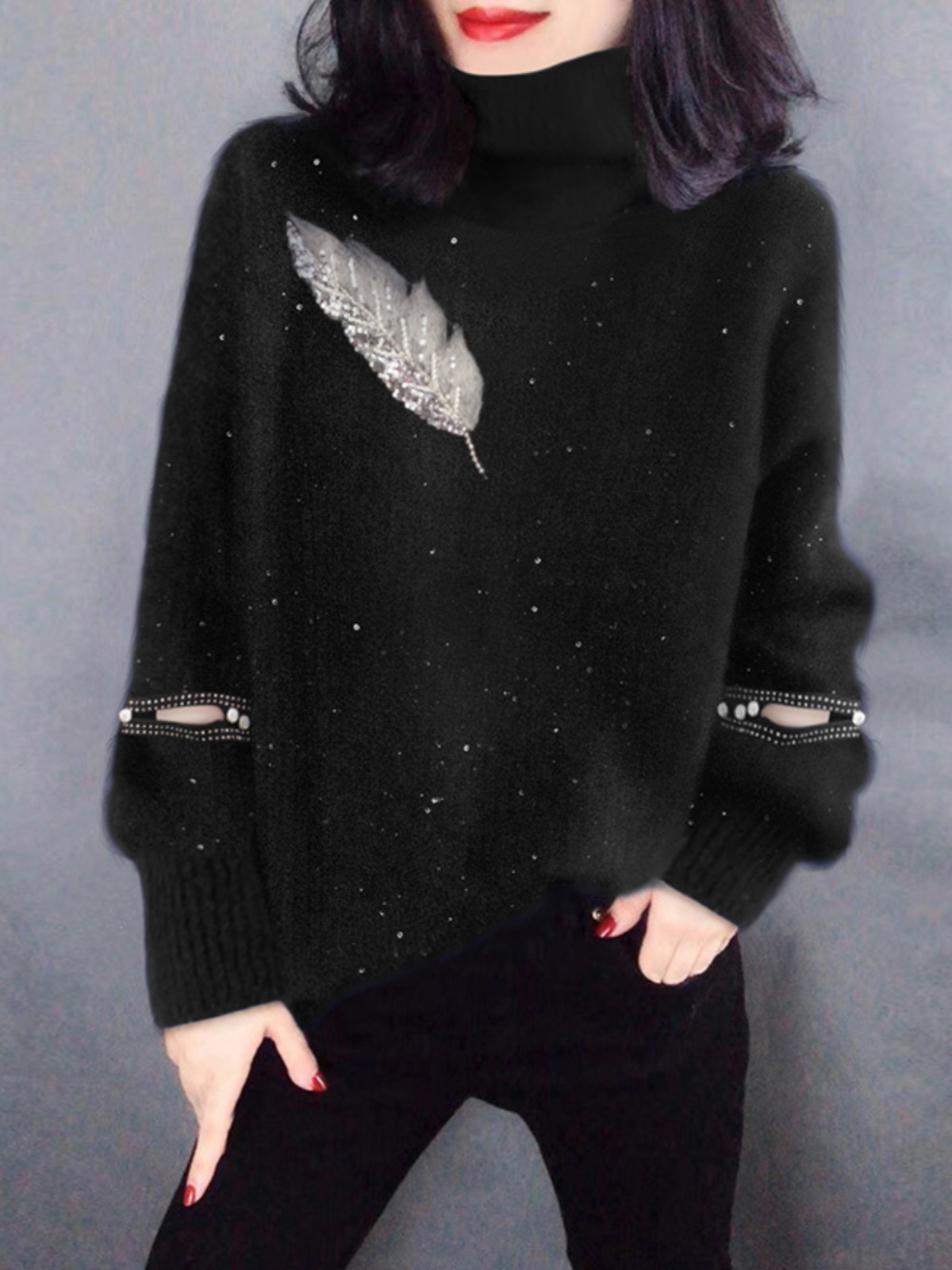 Black High Collar Knitted Swea - Street Fashion Outlet のレビューと価格
