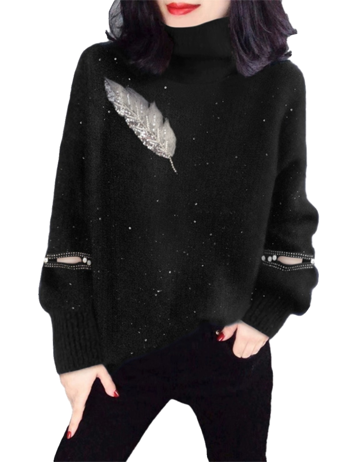 Black High Collar Knitted Swea - Street Fashion Outlet のレビューと価格