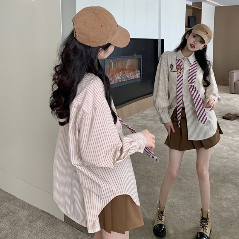 Striped Shirts Women Baggy Pre - Street Fashion In Japanese のレビューと価格