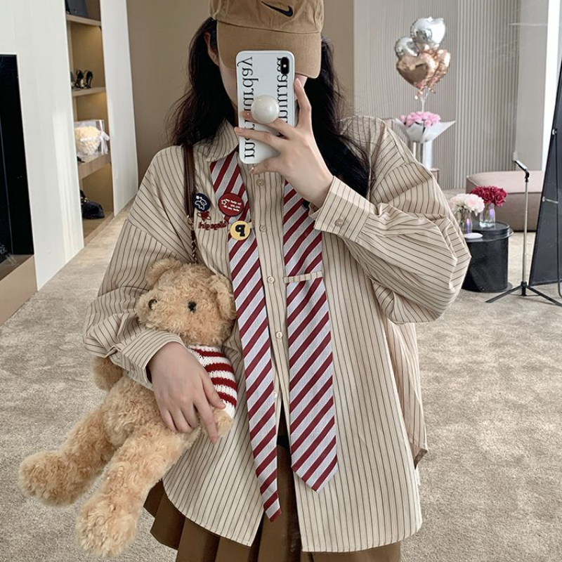 Striped Shirts Women Baggy Pre - Street Fashion In Japanese のレビューと価格