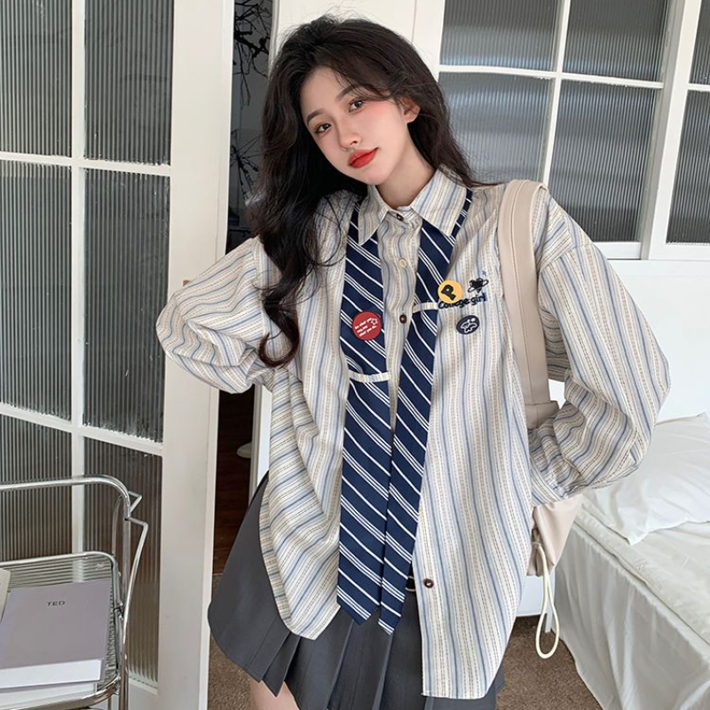 Striped Shirts Women Baggy Pre - Street Fashion In Japanese のレビューと価格